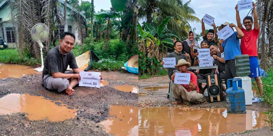 [FOTO] ‘Penat’ Mengadu Jalan Berlubang, Ini Cara Unik Penduduk Kampung Di Indonesia Tunjuk Protes