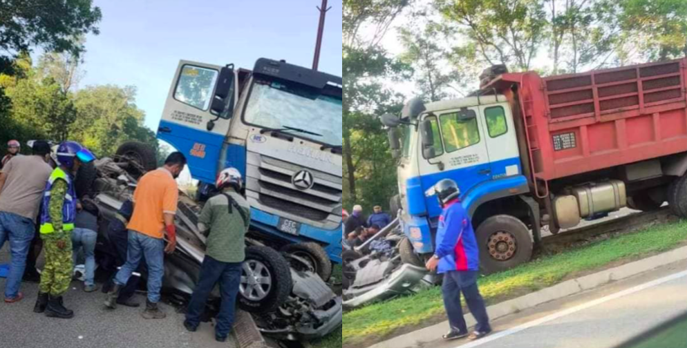 3 Tersepit, Kereta Remuk Teruk Berlanggar Dengan Lori Treler