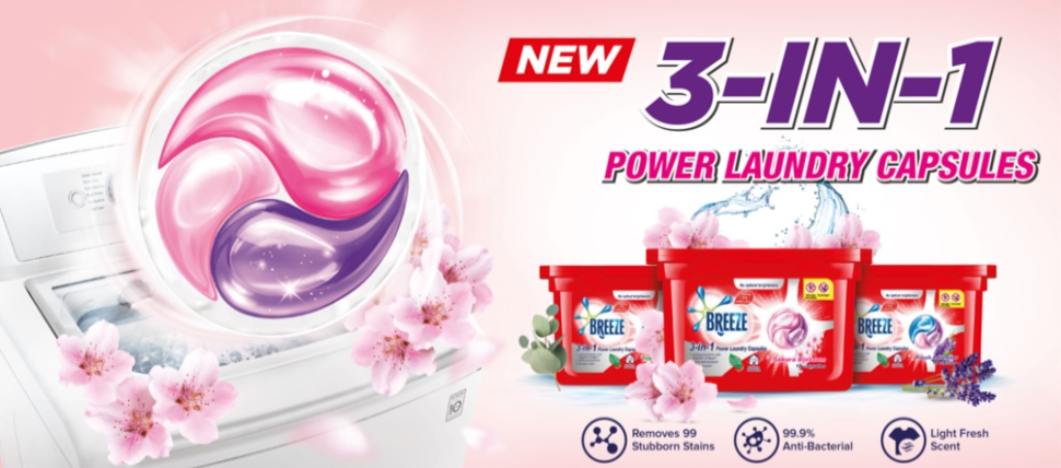 Breeze Kini Dengan 3 Kali Kuasa Dalam 1 Kapsul. Cuci, Sanitasi & Melembut, Power Betul!