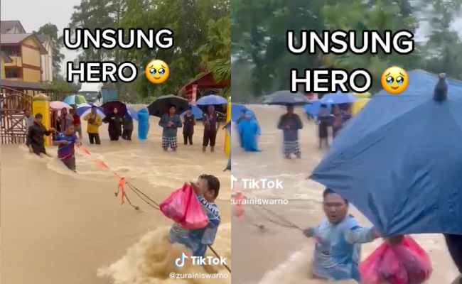 [VIDEO] Viral Seorang Lelaki Bergadai Nyawa Redah Arus Banjir Demi Hantar Bantuan