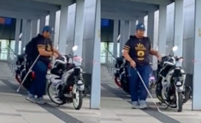 [VIDEO] Motosikal Halang Laluan ‘Tactile’, Lelaki Buta Alih Sendiri