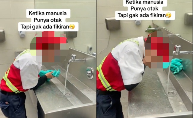 Pekerja Stesen Minyak Bersihkan Najis Mangkuk Tandas Berdiri