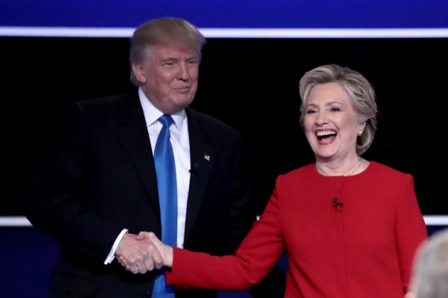HEMPSTEAD, NY - SEPTEMBER 26: (L-R) Republican presidential nominee Donald Trump and Democratic presidential nominee Hillary Clinton shake hands after the Presidential Debate at Hofstra University on September 26, 2016 in Hempstead, New York. The first of four debates for the 2016 Election, three Presidential and one Vice Presidential, is moderated by NBC's Lester Holt. (Photo by Drew Angerer/Getty Images)