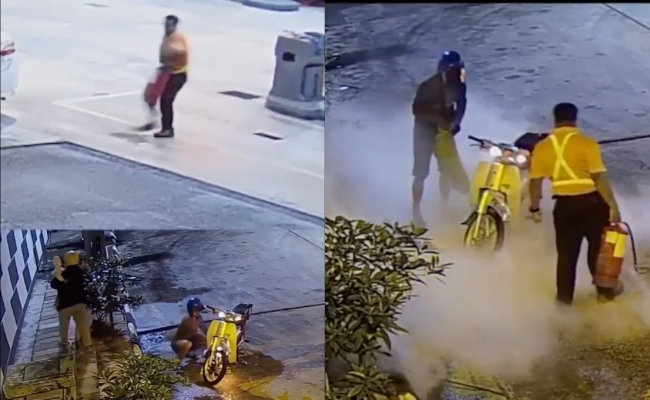 [VIDEO] Tindakan Pantas Pekerja Pam Minyak Dipuji Netizen, Berlari Padam Motosikal Tiga Beranak Terbakar