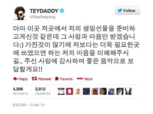 Taeyang (Big Bang) Minta Peminat Derma Hadiah Harijadi