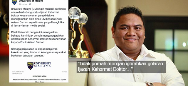 Universiti Malaya Nafi Pernah Anugerahkan Ijazah Kehormat Doktor Keusahawanan Kepada Azizan Osman