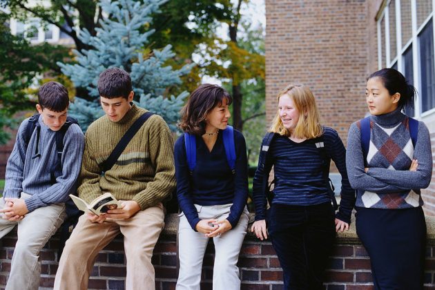 Students Sitting on Wall