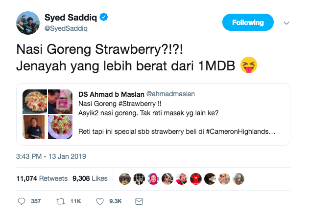 Nasi Goreng Strawberi Ahmad Maslan Bikin Kecoh